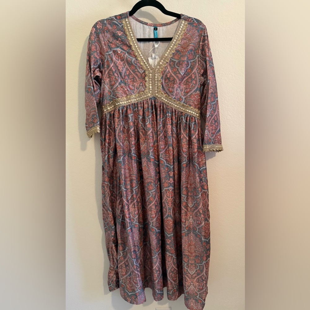 NWT Janasya Elegant Dress with Gold Trim